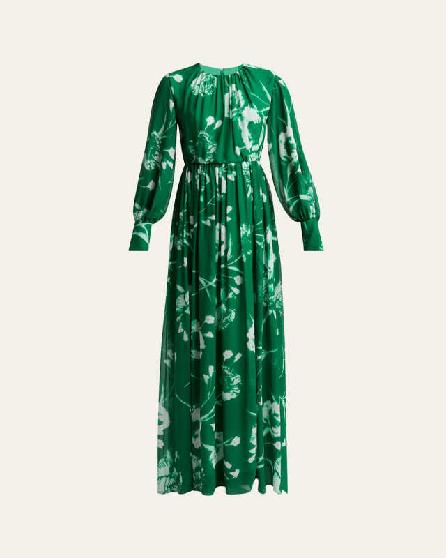 Gathered Floral Long Sleeve Silk Gown